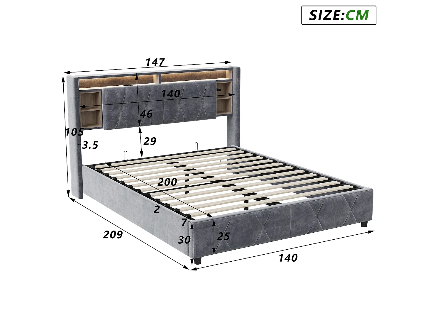 Lit coffre 140x200 cm avec sommier à lattes, lit adulte en velours gris avec LED et USB, lit double avec rangement intégré, sans matelas
