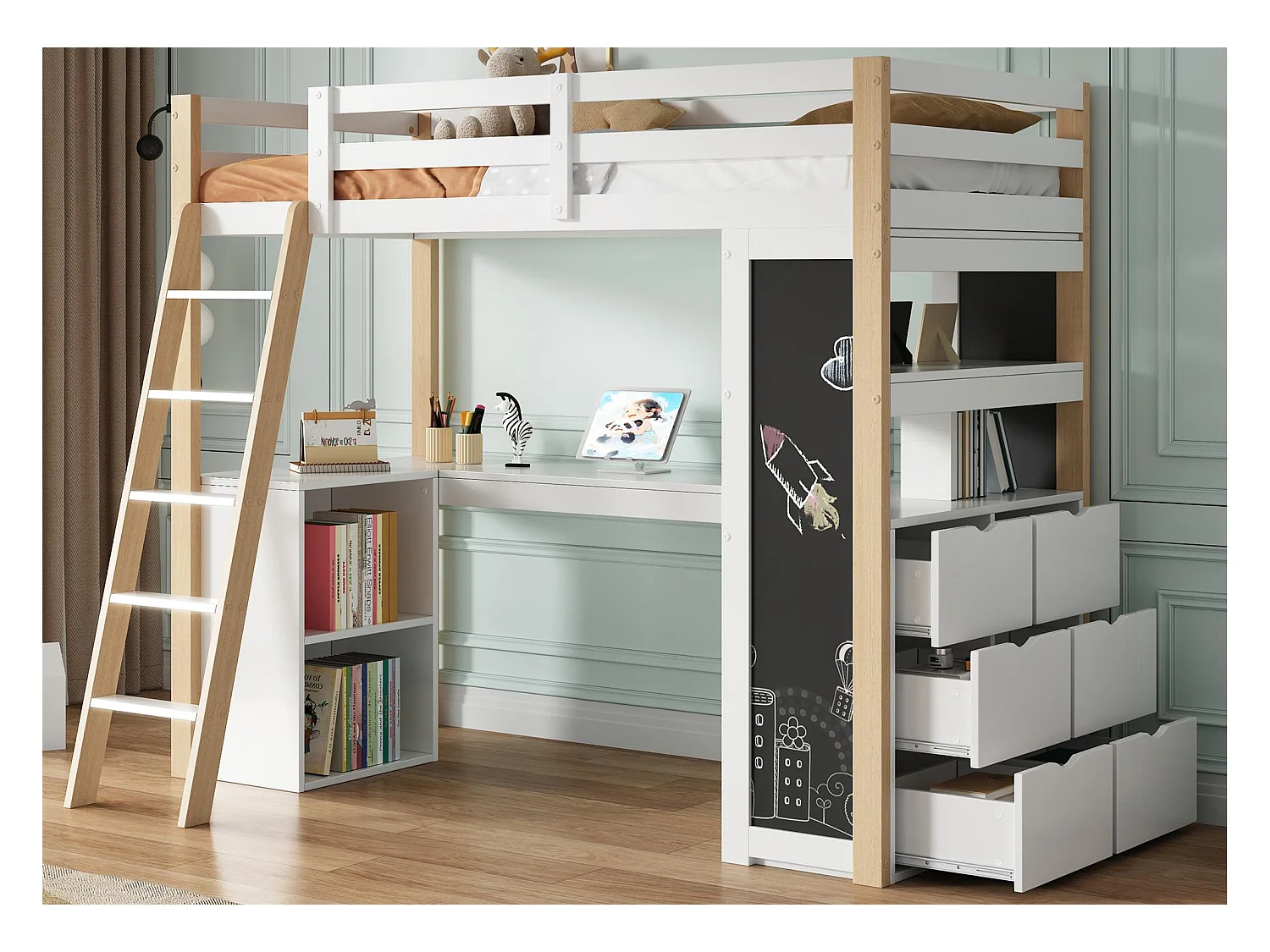 Cama beliche 90x200 cm - Com mesa e prateleiras - Com gavetas e quadro negro - Branco