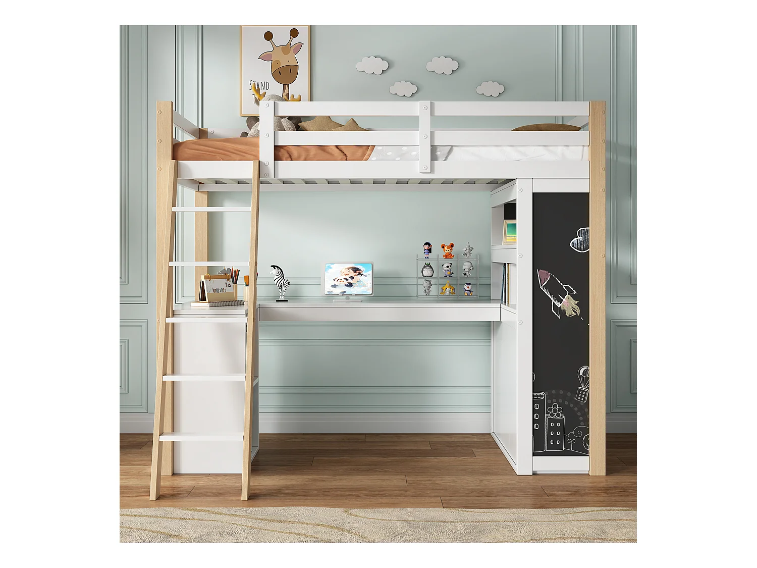 Cama beliche 90x200 cm - Com mesa e prateleiras - Com gavetas e quadro negro - Branco