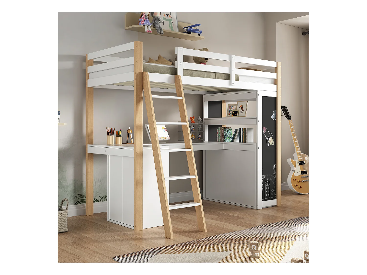 Cama beliche 90x200 cm - Com mesa e prateleiras - Com gavetas e quadro negro - Branco