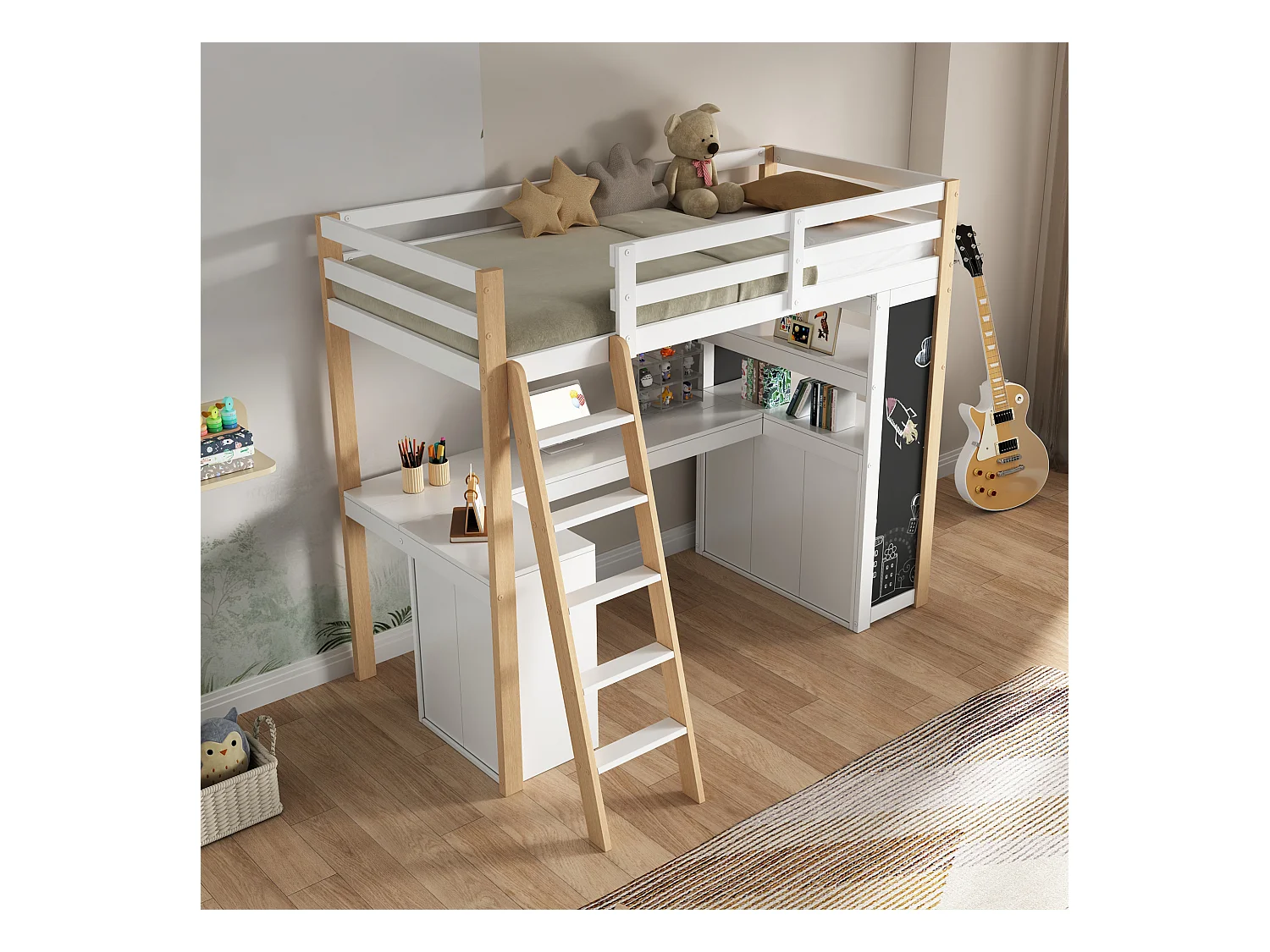 Cama beliche 90x200 cm - Com mesa e prateleiras - Com gavetas e quadro negro - Branco