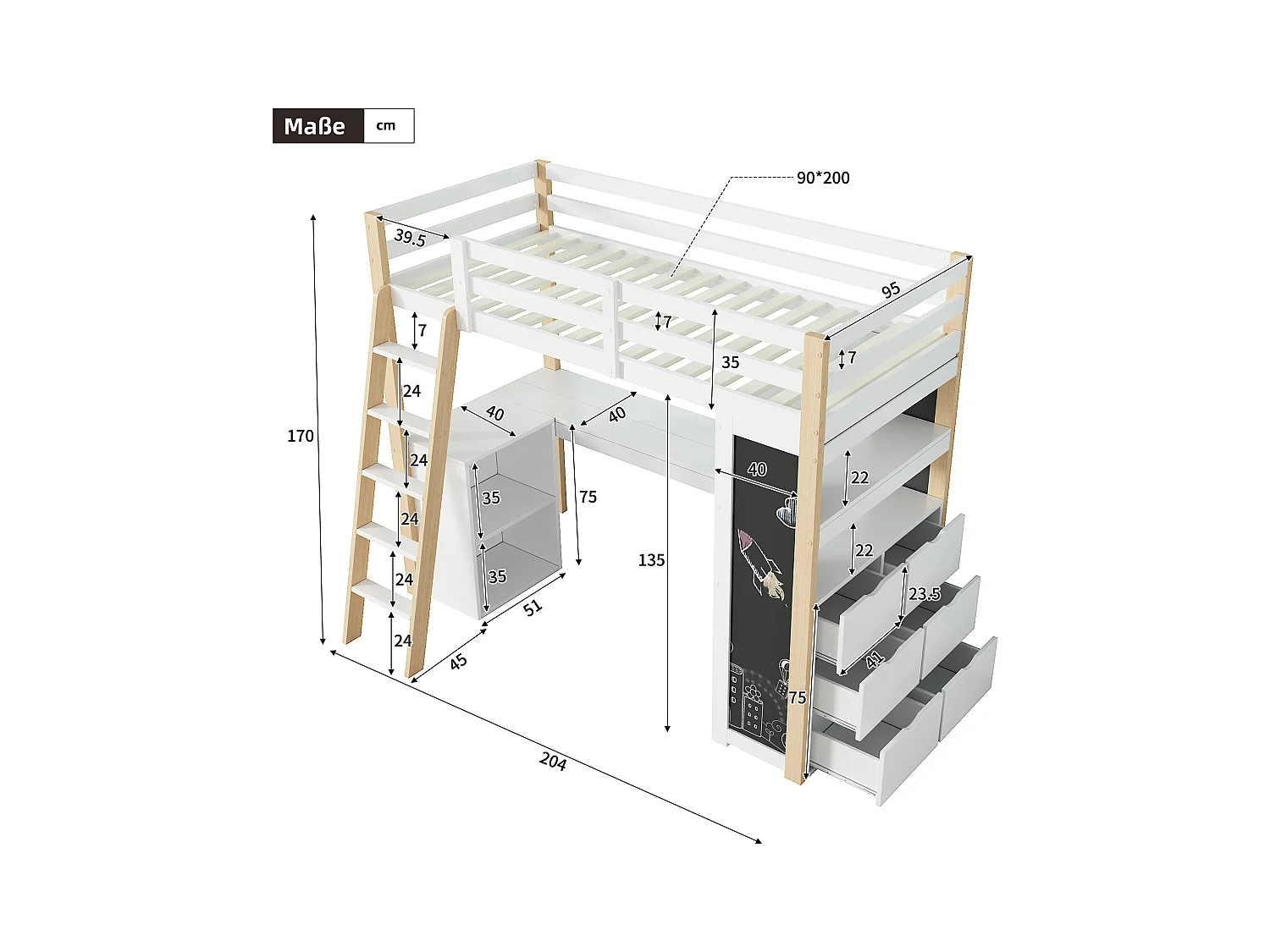Cama beliche 90x200 cm - Com mesa e prateleiras - Com gavetas e quadro negro - Branco