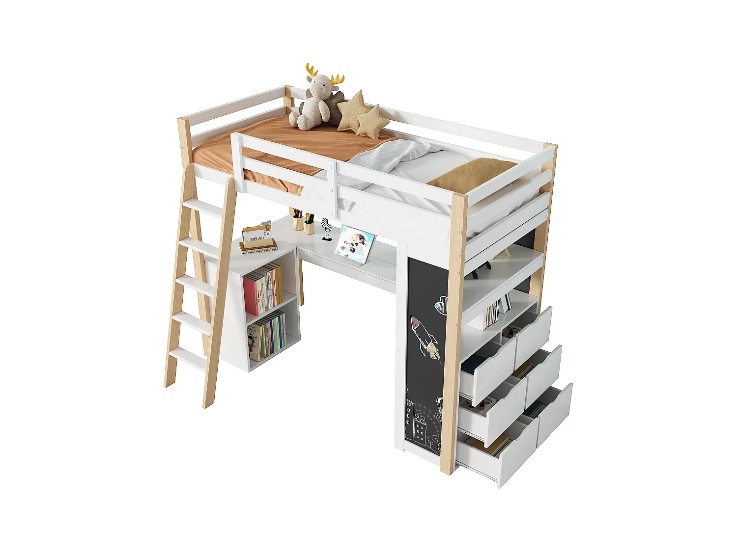 Cama beliche 90x200 cm - Com mesa e prateleiras - Com gavetas e quadro negro - Branco