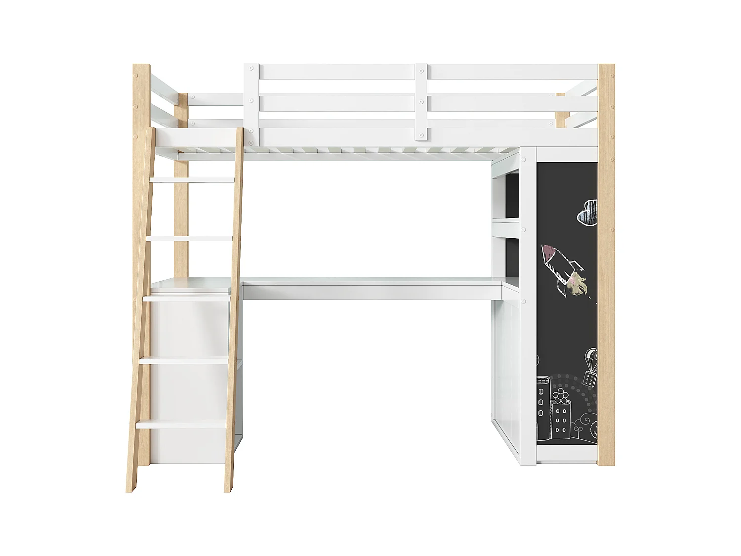 Cama beliche 90x200 cm - Com mesa e prateleiras - Com gavetas e quadro negro - Branco