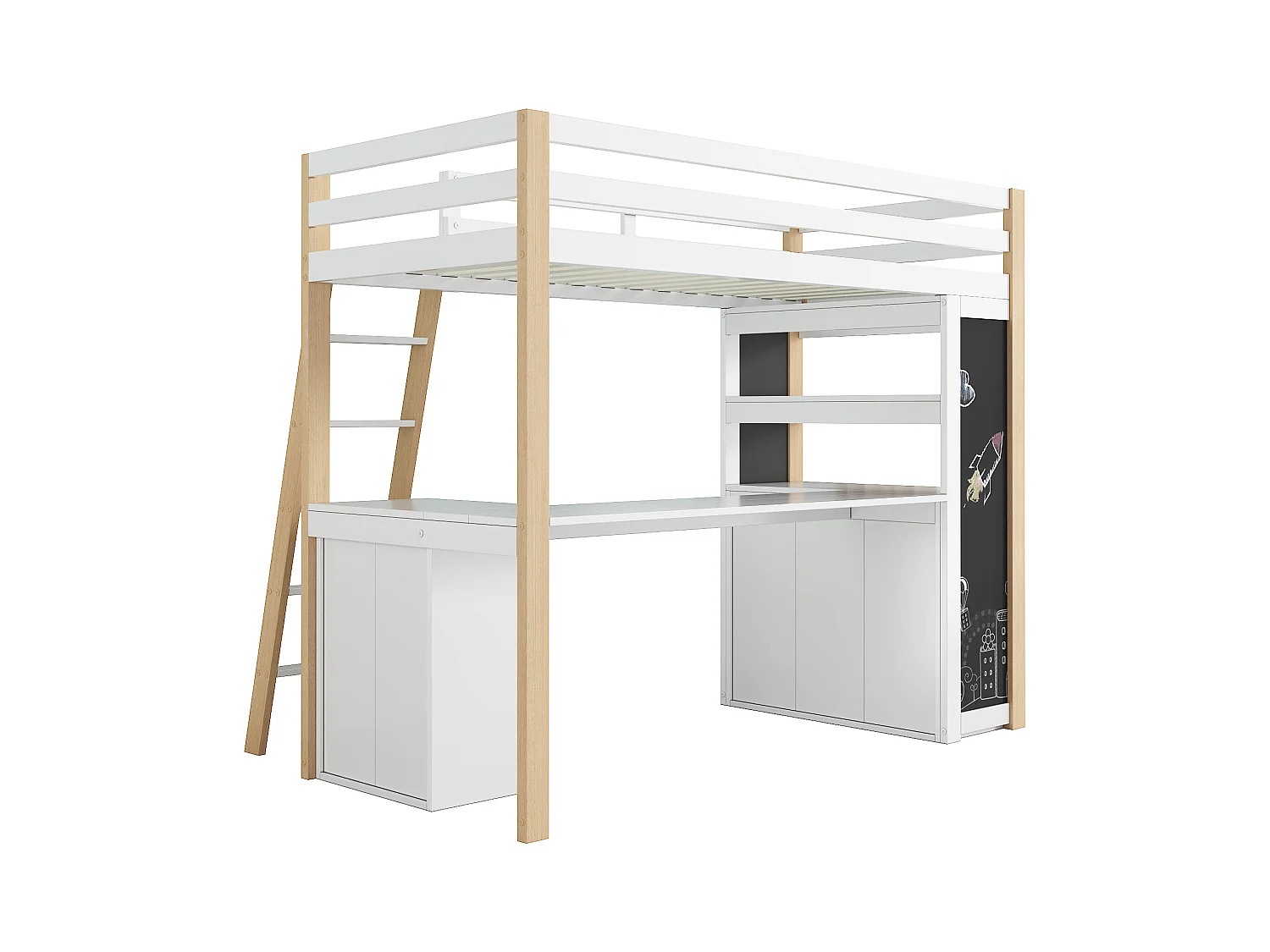 Cama beliche 90x200 cm - Com mesa e prateleiras - Com gavetas e quadro negro - Branco