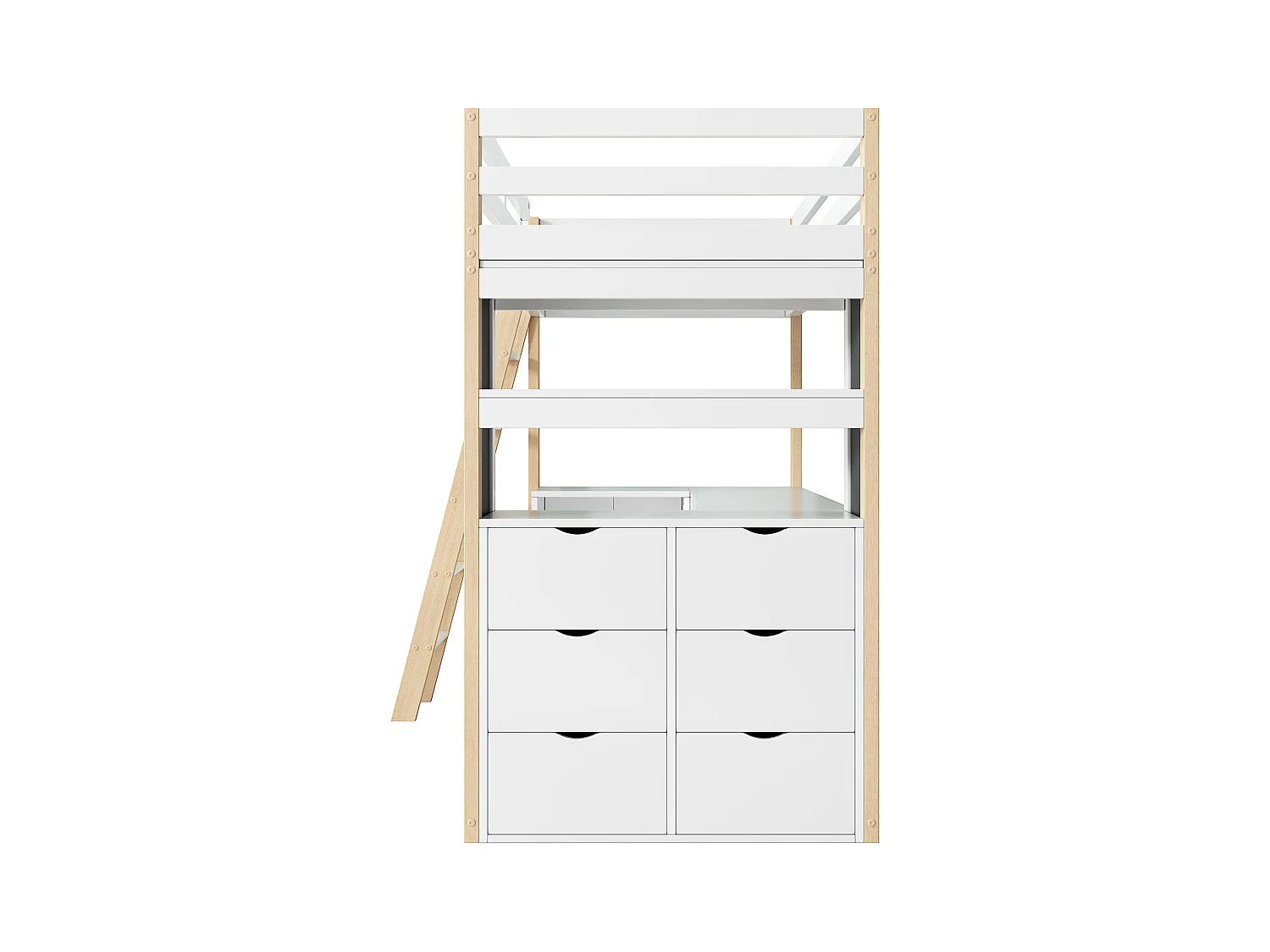 Cama beliche 90x200 cm - Com mesa e prateleiras - Com gavetas e quadro negro - Branco