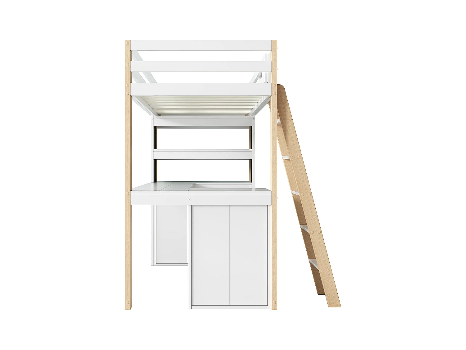 Cama beliche 90x200 cm - Com mesa e prateleiras - Com gavetas e quadro negro - Branco