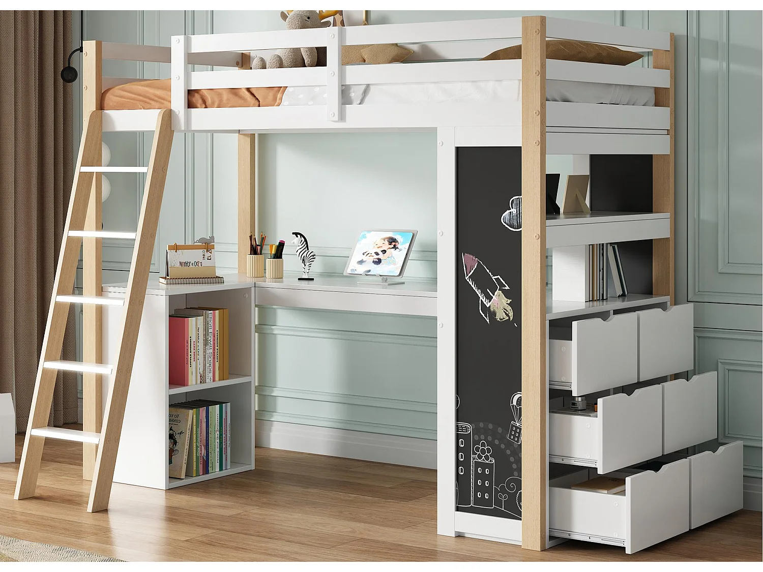 Hochbett 90x200 cm - Mit Tisch und Regal - Mit Schubladen und Tafel - Weiß