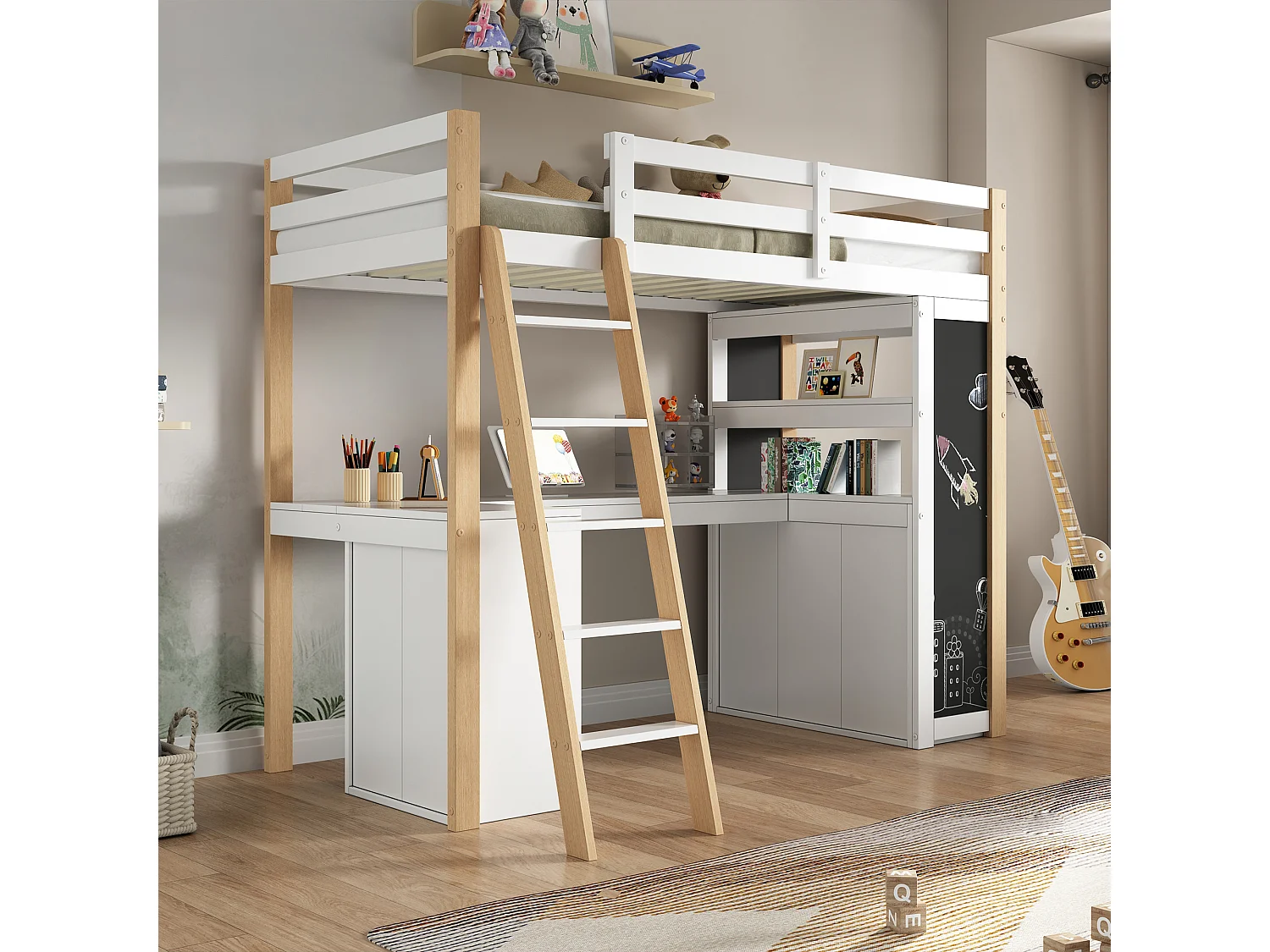 Hochbett 90x200 cm - Mit Tisch und Regal - Mit Schubladen und Tafel - Weiß