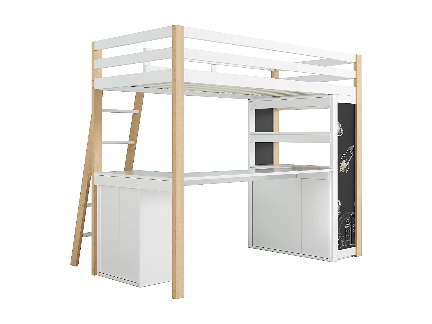 Hochbett 90x200 cm - Mit Tisch und Regal - Mit Schubladen und Tafel - Weiß