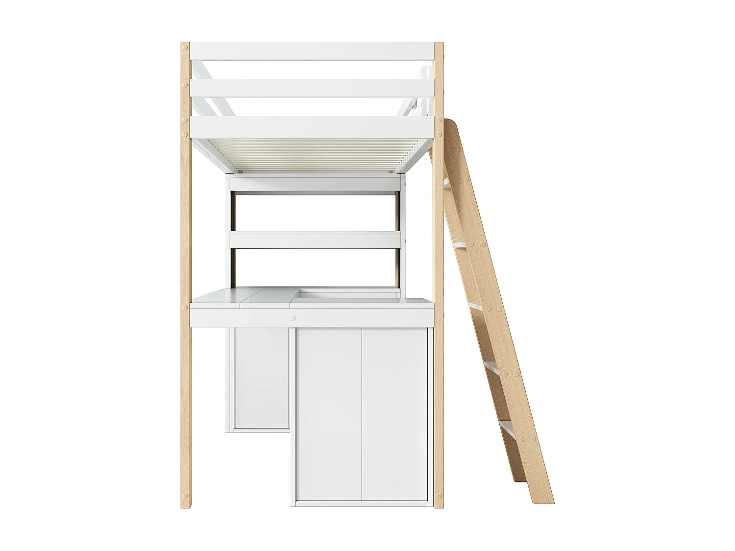 Hochbett 90x200 cm - Mit Tisch und Regal - Mit Schubladen und Tafel - Weiß