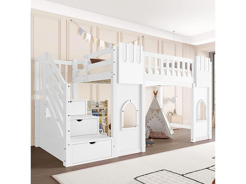 Lit mezzanine enfant - 90 x 200 cm - avec escalier de rangement et fenêtre - bois + MDF - blanc