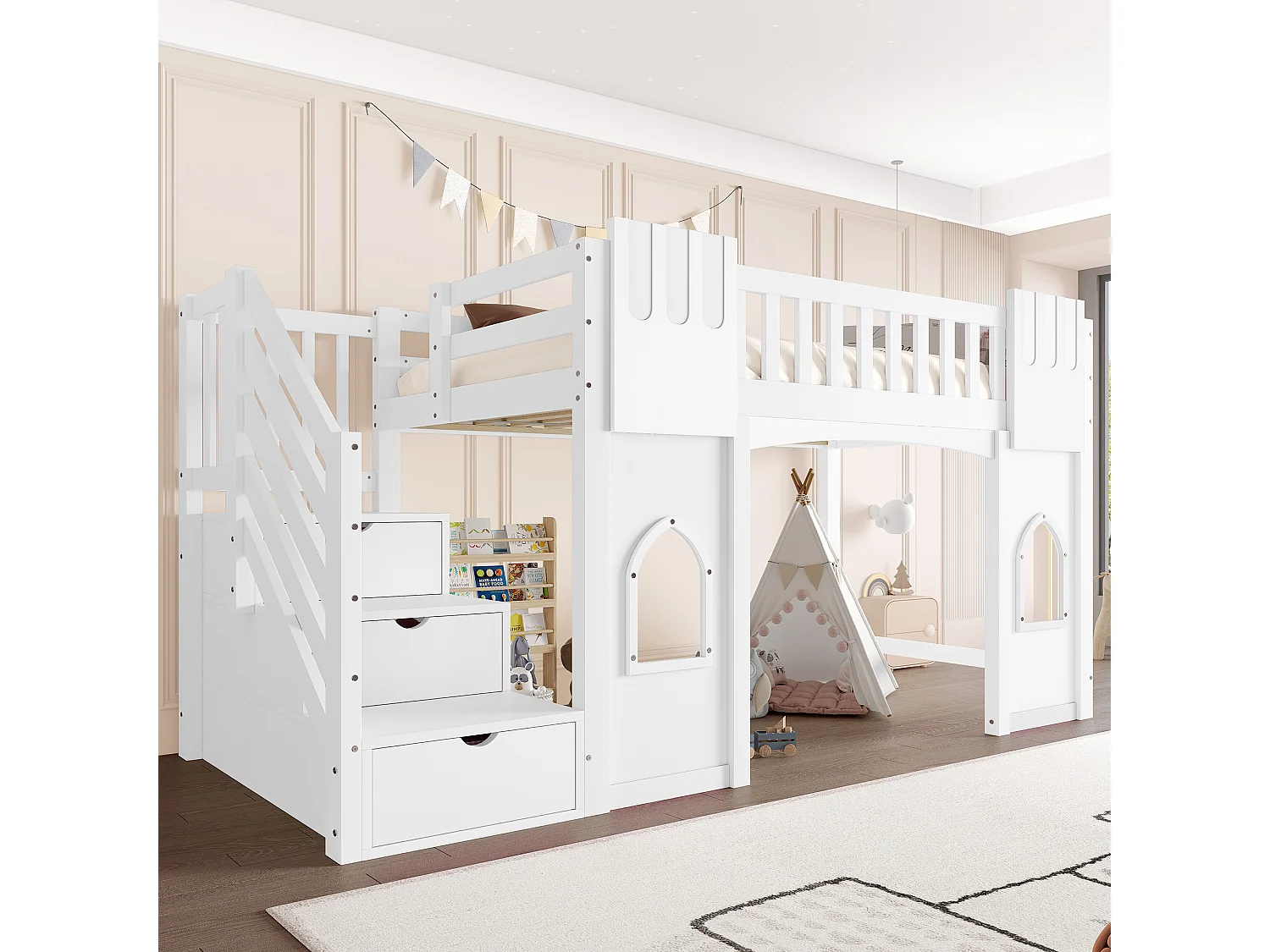 Lit mezzanine enfant - 90 x 200 cm - avec escalier de rangement et fenêtre - bois + MDF - blanc
