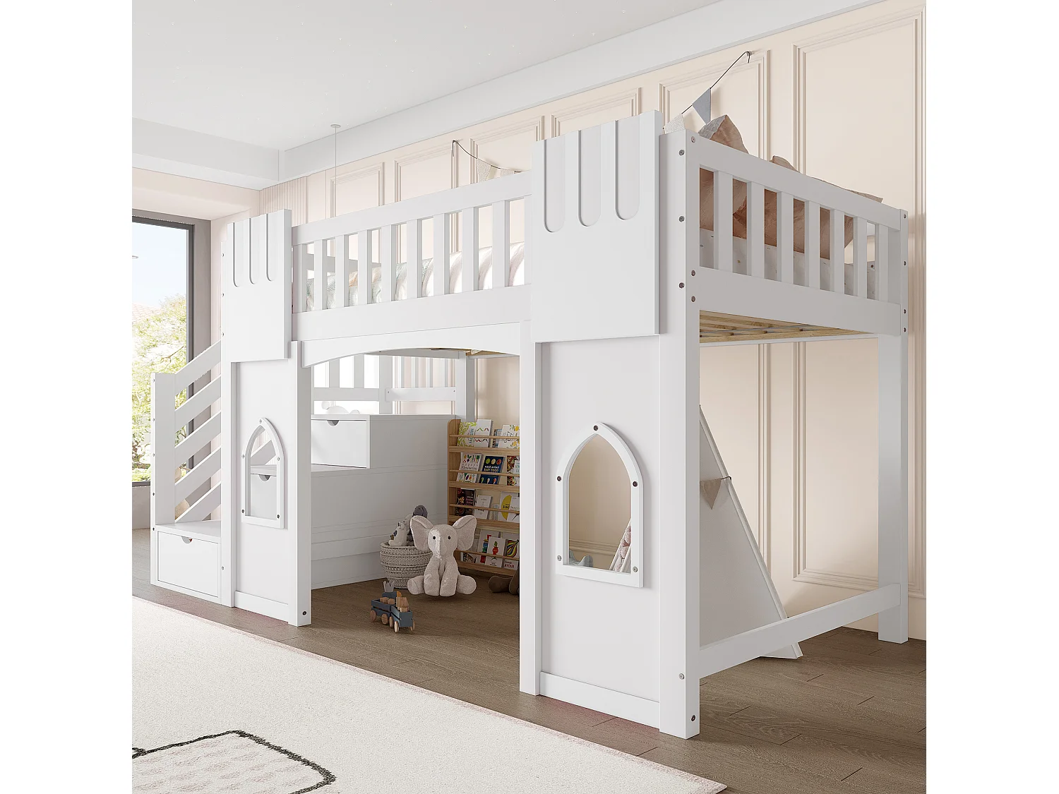 Lit mezzanine enfant - 90 x 200 cm - avec escalier de rangement et fenêtre - bois + MDF - blanc