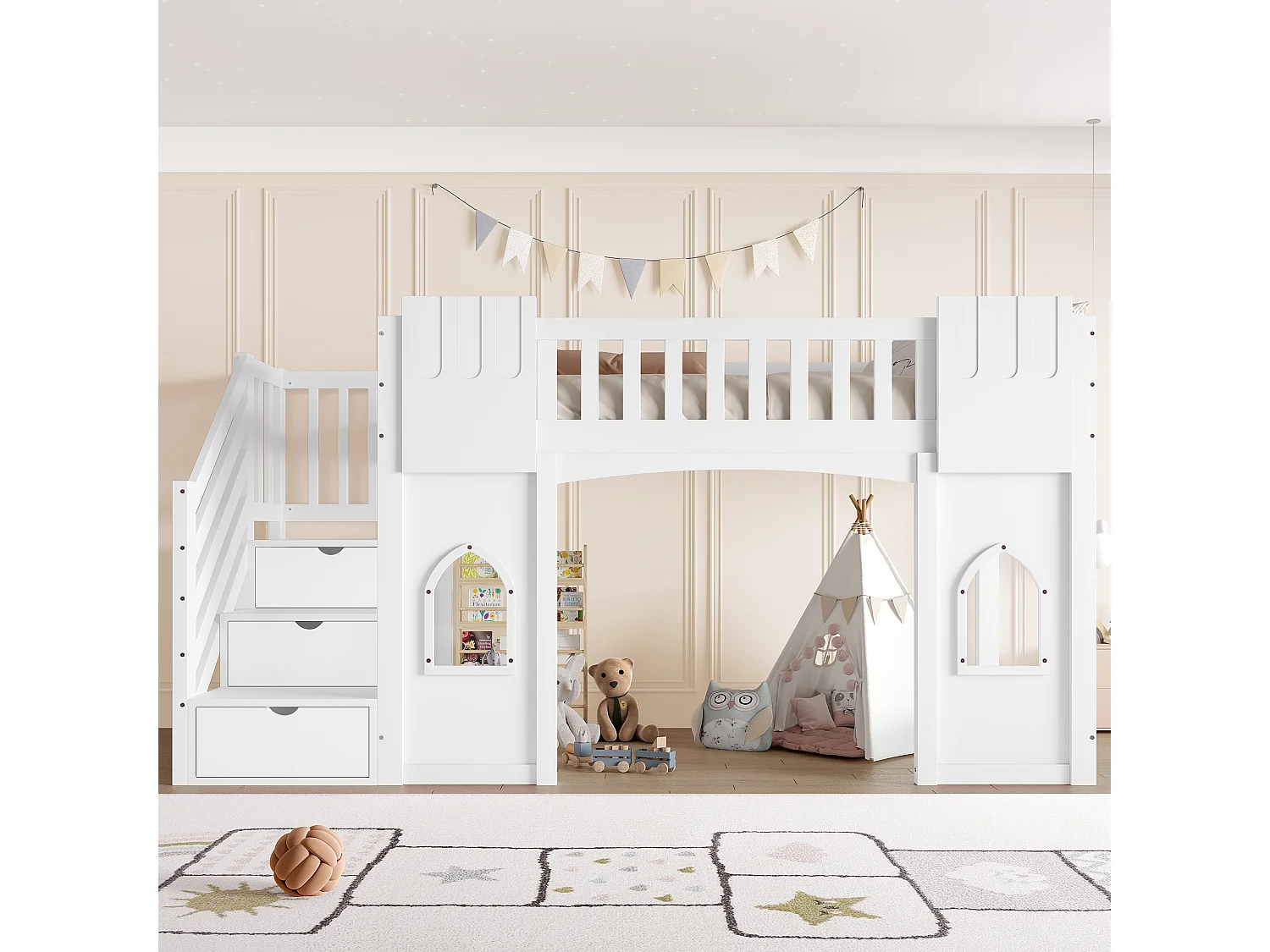 Cama alta infantil - 90 x 200 cm - con escalera de almacenaje y ventana - madera + MDF - blanco