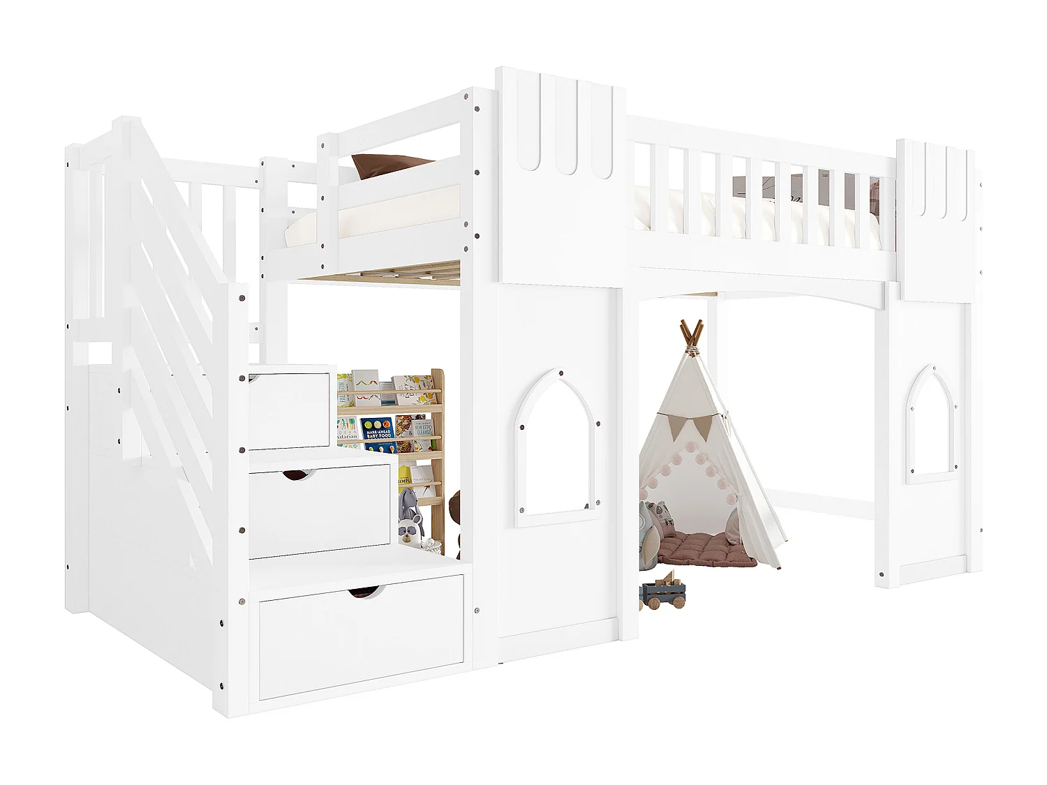 Cama alta infantil - 90 x 200 cm - con escalera de almacenaje y ventana - madera + MDF - blanco