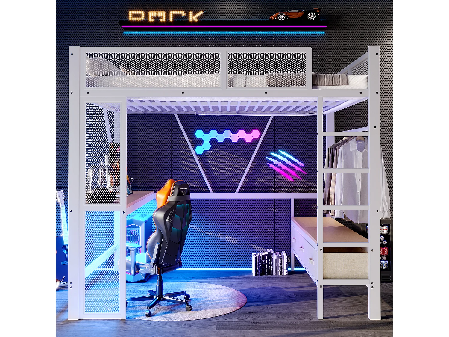 Lit mezzanine en métal enfant - 140 x 200 cm  - avec USB + Leds + bureau + armoire ouverte et 3 tiroirs - MDF + métal - blanc