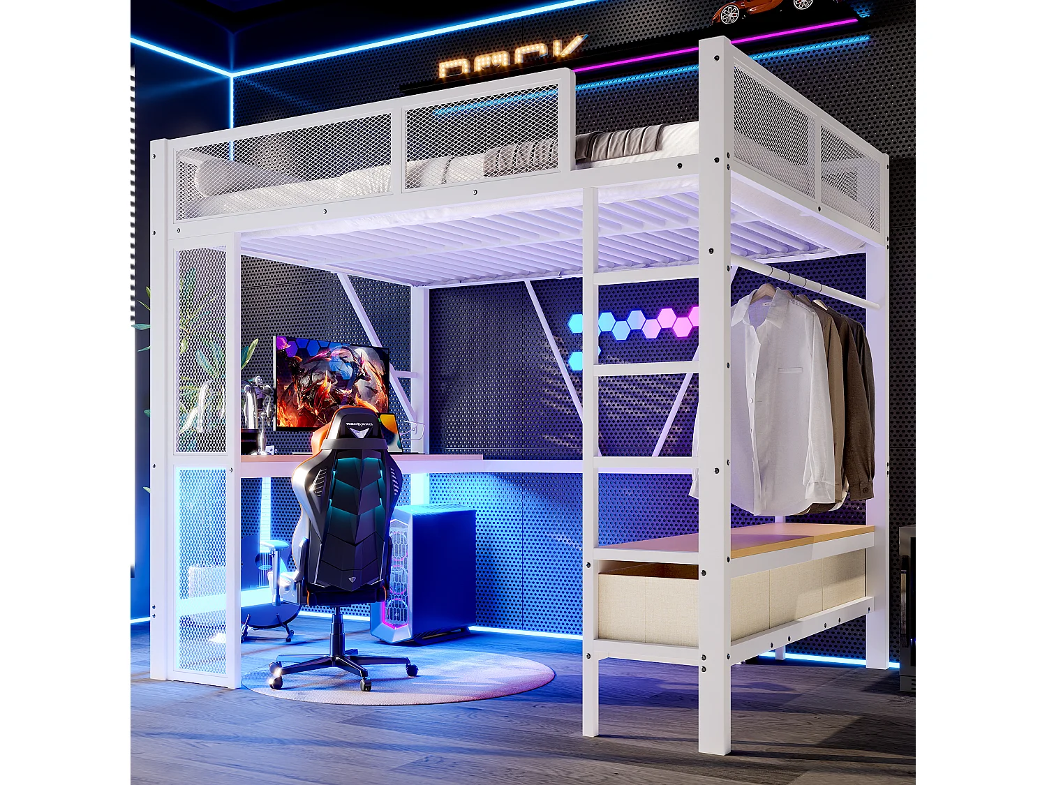 Lit mezzanine en métal enfant - 140 x 200 cm  - avec USB + Leds + bureau + armoire ouverte et 3 tiroirs - MDF + métal - blanc