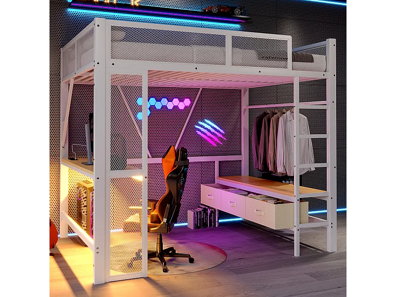 Lit mezzanine en métal enfant - 140 x 200 cm  - avec USB + Leds + bureau + armoire ouverte et 3 tiroirs - MDF + métal - blanc