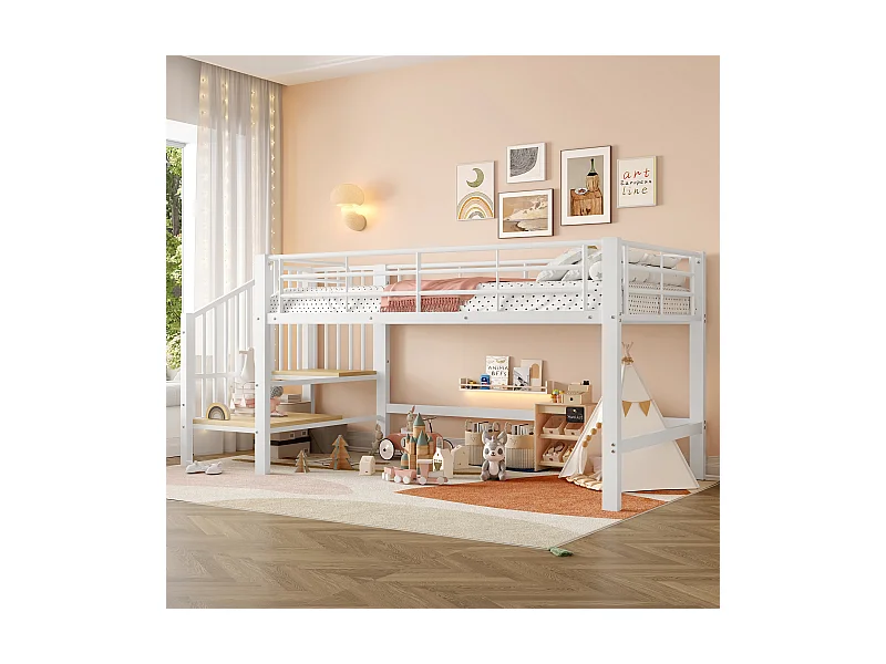 Lit mezzanine mi-hauteur en métal - 90 x 200 - avec escalier de rangement - MDF + métal - blanc