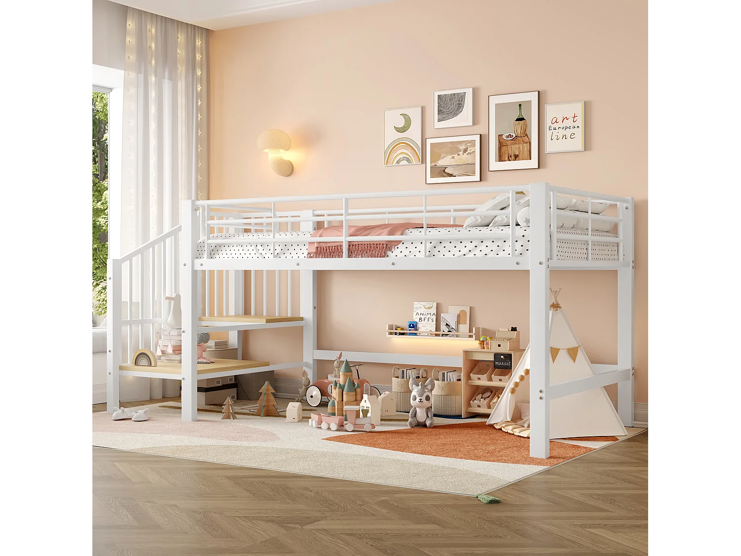 Halbhohes Hochbett aus Metall – 90 x 200 – mit Stauraumtreppe – MDF + Metall – weiß