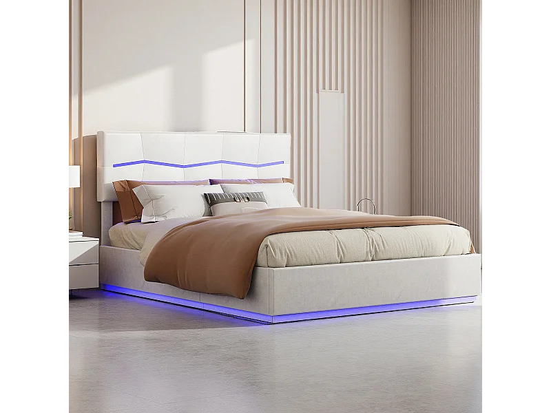 Lit coffre 160x200 cm avec sommier à lattes - lit adulte 160x200 cm avec LED et USB - lit double 160x200 rangement soldes - tissu en PU - beige