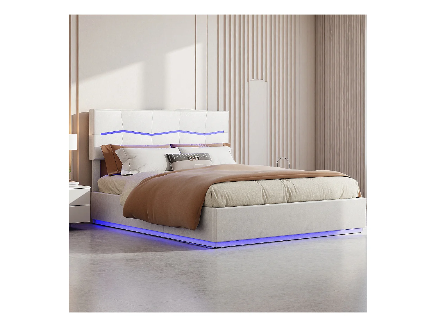 Lit coffre 160x200 cm avec sommier à lattes - lit adulte 160x200 cm avec LED et USB - lit double 160x200 rangement soldes - tissu en PU - beige
