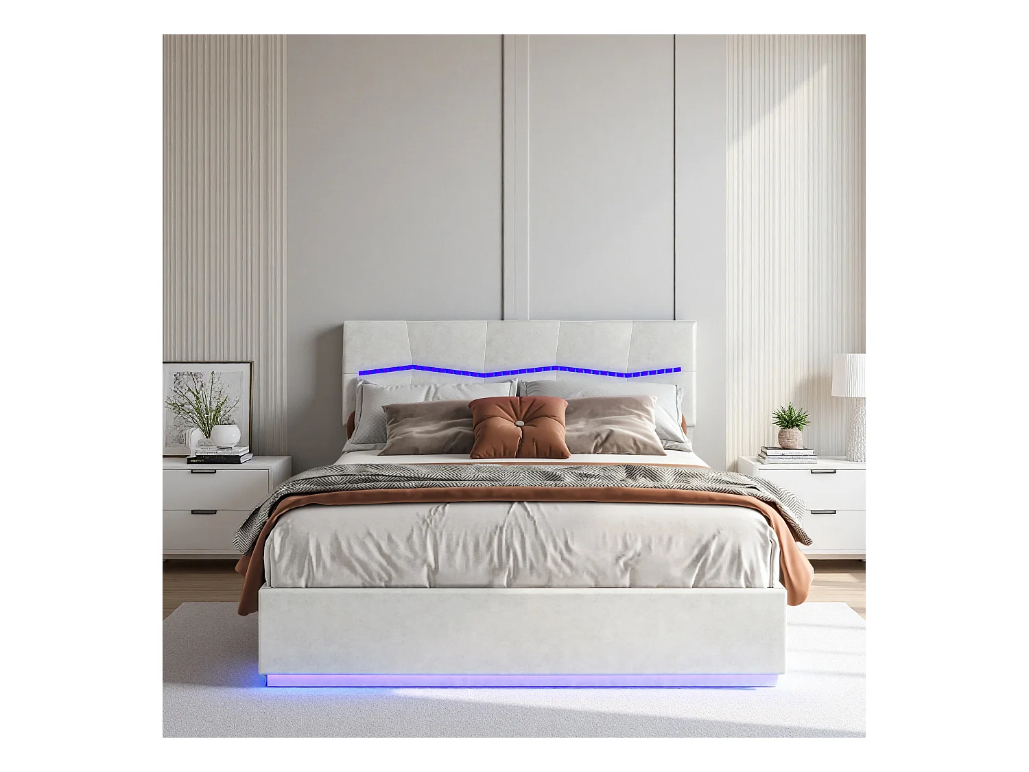 Lit coffre 160x200 cm avec sommier à lattes - lit adulte 160x200 cm avec LED et USB - lit double 160x200 rangement soldes - tissu en PU - beige
