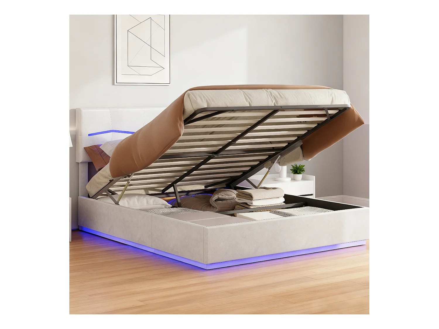 Lit coffre 160x200 cm avec sommier à lattes - lit adulte 160x200 cm avec LED et USB - lit double 160x200 rangement soldes - tissu en PU - beige