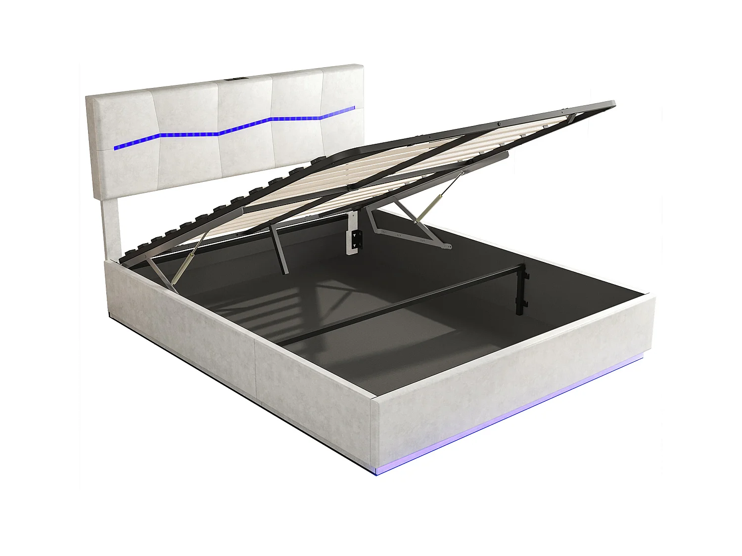 Lit coffre 160x200 cm avec sommier à lattes - lit adulte 160x200 cm avec LED et USB - lit double 160x200 rangement soldes - tissu en PU - beige