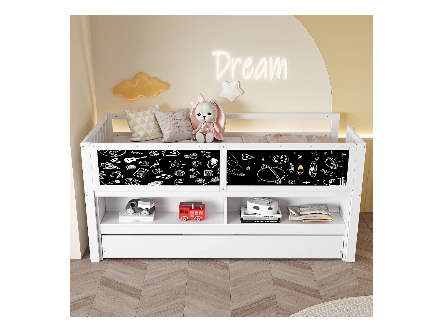 Lit mi hauteur enfant - 90 x 200 - avec lit gigogne 90 x 190 cm - avec tableau + rangement ouvert - bois - blanc