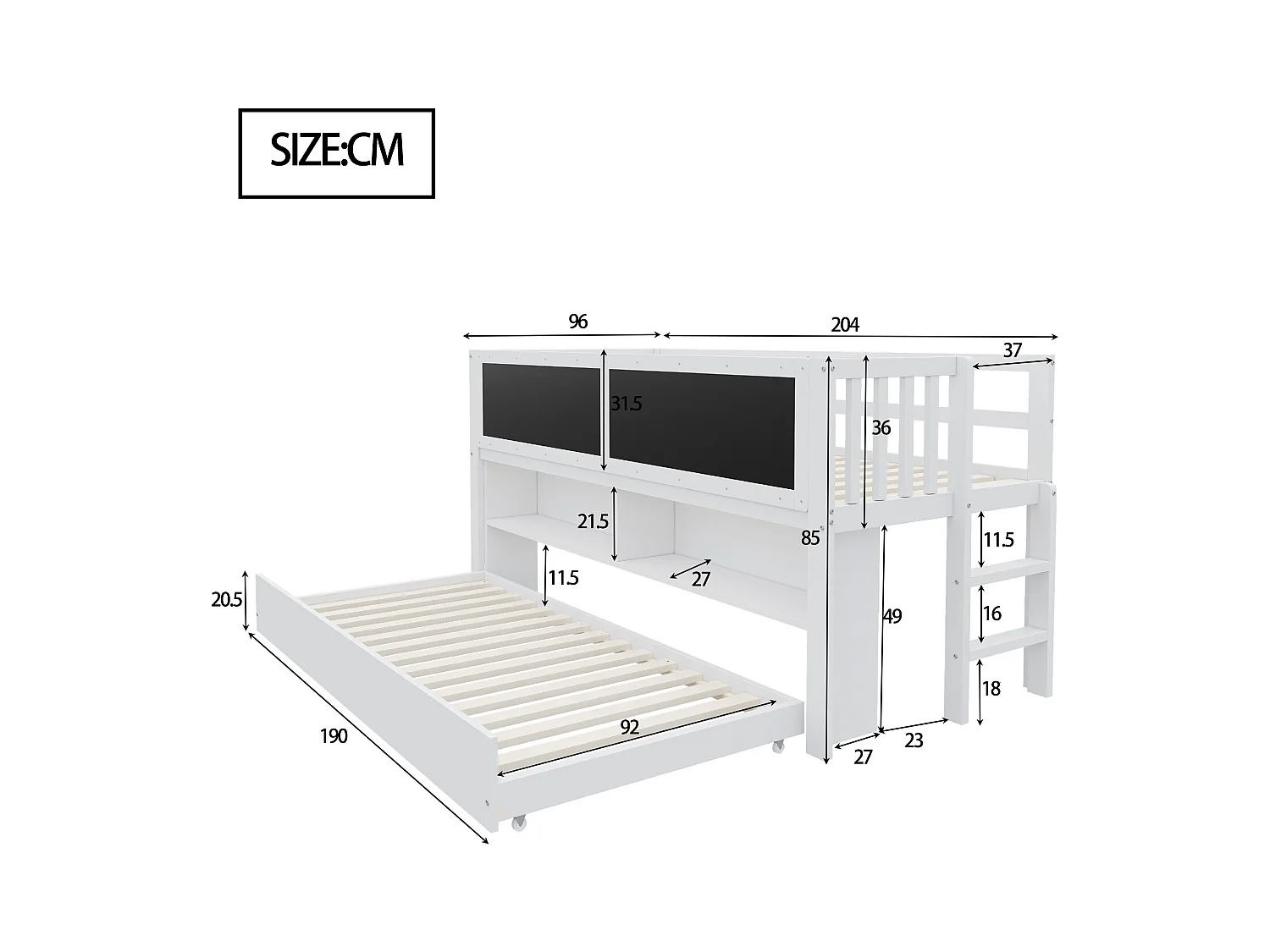 Lit mi hauteur enfant - 90 x 200 - avec lit gigogne 90 x 190 cm - avec tableau + rangement ouvert - bois - blanc