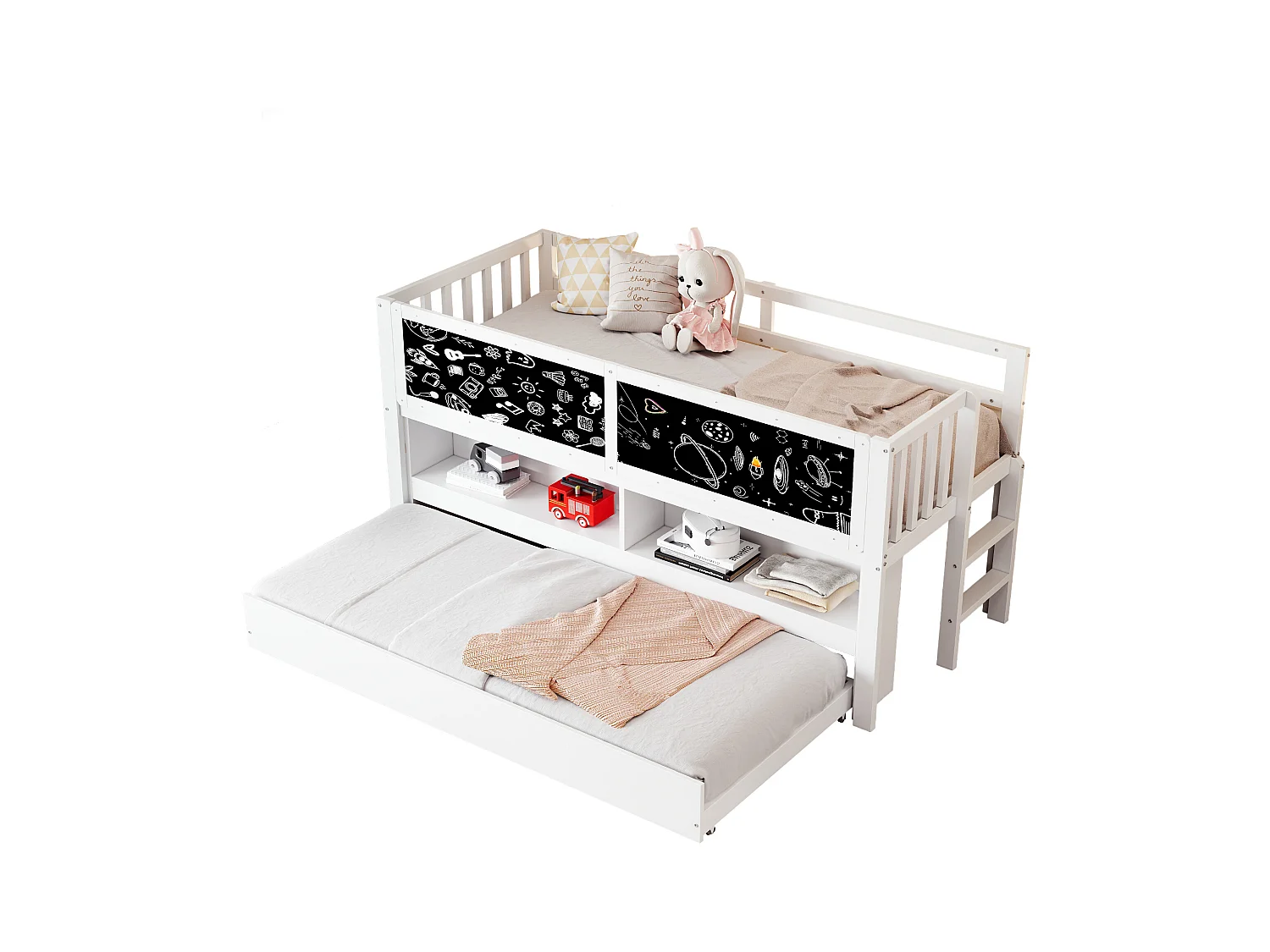 Lit mi hauteur enfant - 90 x 200 - avec lit gigogne 90 x 190 cm - avec tableau + rangement ouvert - bois - blanc