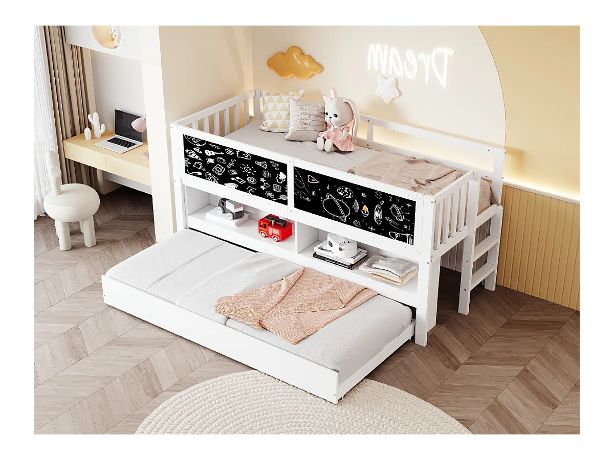 Lit mi hauteur enfant - 90 x 200 - avec lit gigogne 90 x 190 cm - avec tableau + rangement ouvert - bois - blanc