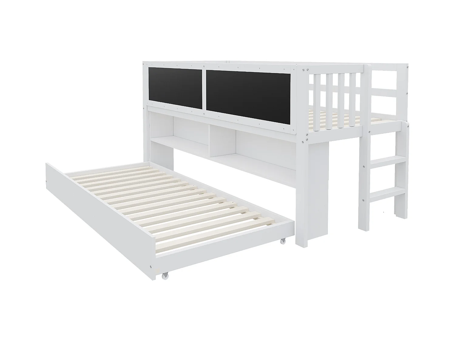 Lit mi hauteur enfant - 90 x 200 - avec lit gigogne 90 x 190 cm - avec tableau + rangement ouvert - bois - blanc