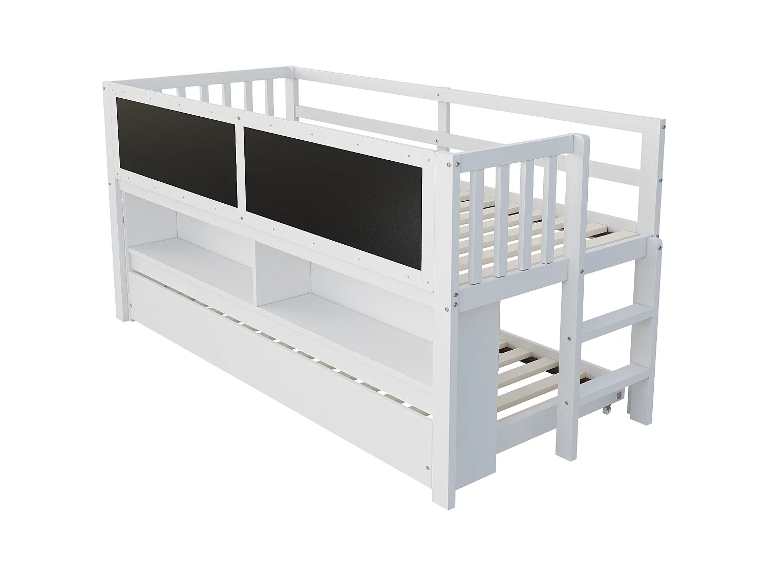 Lit mi hauteur enfant - 90 x 200 - avec lit gigogne 90 x 190 cm - avec tableau + rangement ouvert - bois - blanc