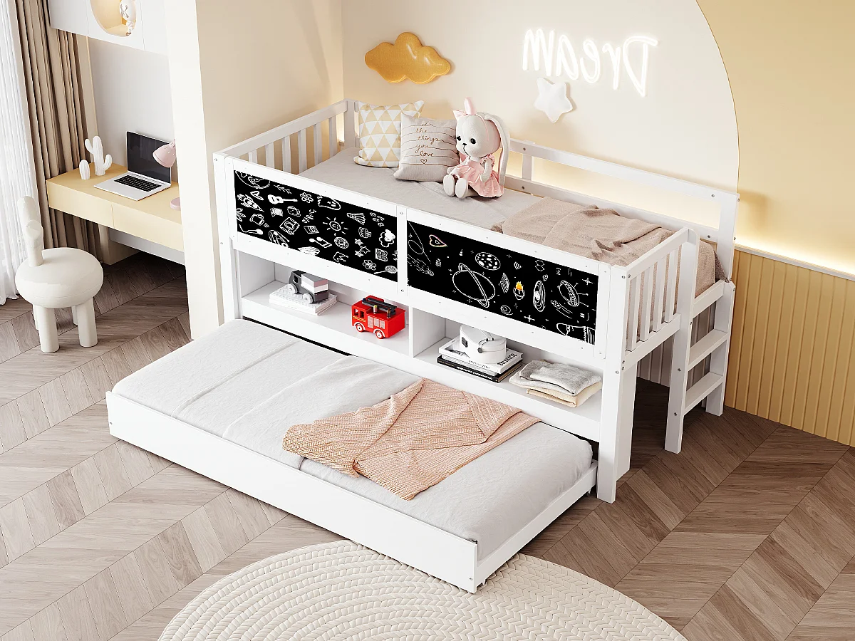 Kinder-Halbhochbett - 90 x 200 - mit Ausziehbett 90 x 190 cm - mit Bild + offenem Stauraum - Holz - weiß