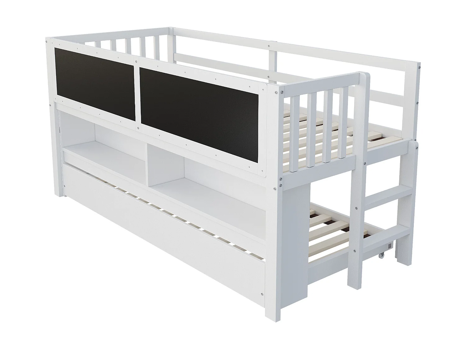 Kinder-Halbhochbett - 90 x 200 - mit Ausziehbett 90 x 190 cm - mit Bild + offenem Stauraum - Holz - weiß