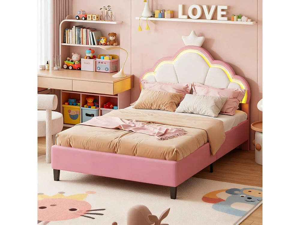 Lit 90x200 cm avec sommier à lattes - lit enfant 90x200 cm - lit 1 place 90 x200 cm - lit fille 90x200 cm avec LED - lit 90x200 cm tissu en velours - blanc et rose