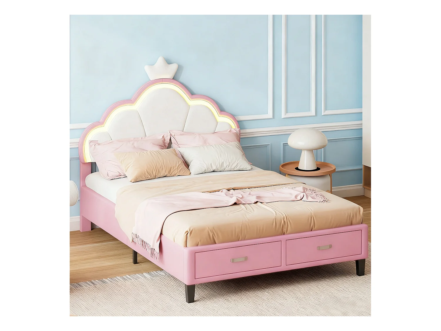 Lit 90x200 cm avec sommier à lattes - lit enfant 90x200 cm - lit 1 place 90 x200 cm - lit fille 90x200 cm avec LED - lit 90x200 cm tissu en velours - blanc et rose