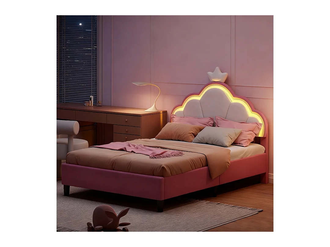 Lit 90x200 cm avec sommier à lattes - lit enfant 90x200 cm - lit 1 place 90 x200 cm - lit fille 90x200 cm avec LED - lit 90x200 cm tissu en velours - blanc et rose