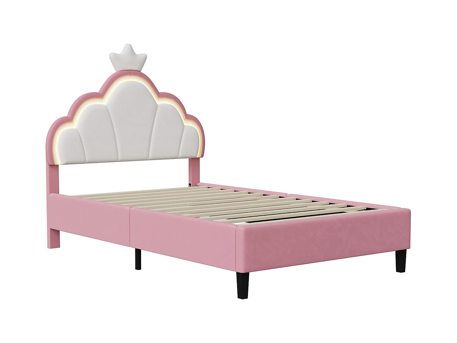 Lit 90x200 cm avec sommier à lattes - lit enfant 90x200 cm - lit 1 place 90 x200 cm - lit fille 90x200 cm avec LED - lit 90x200 cm tissu en velours - blanc et rose