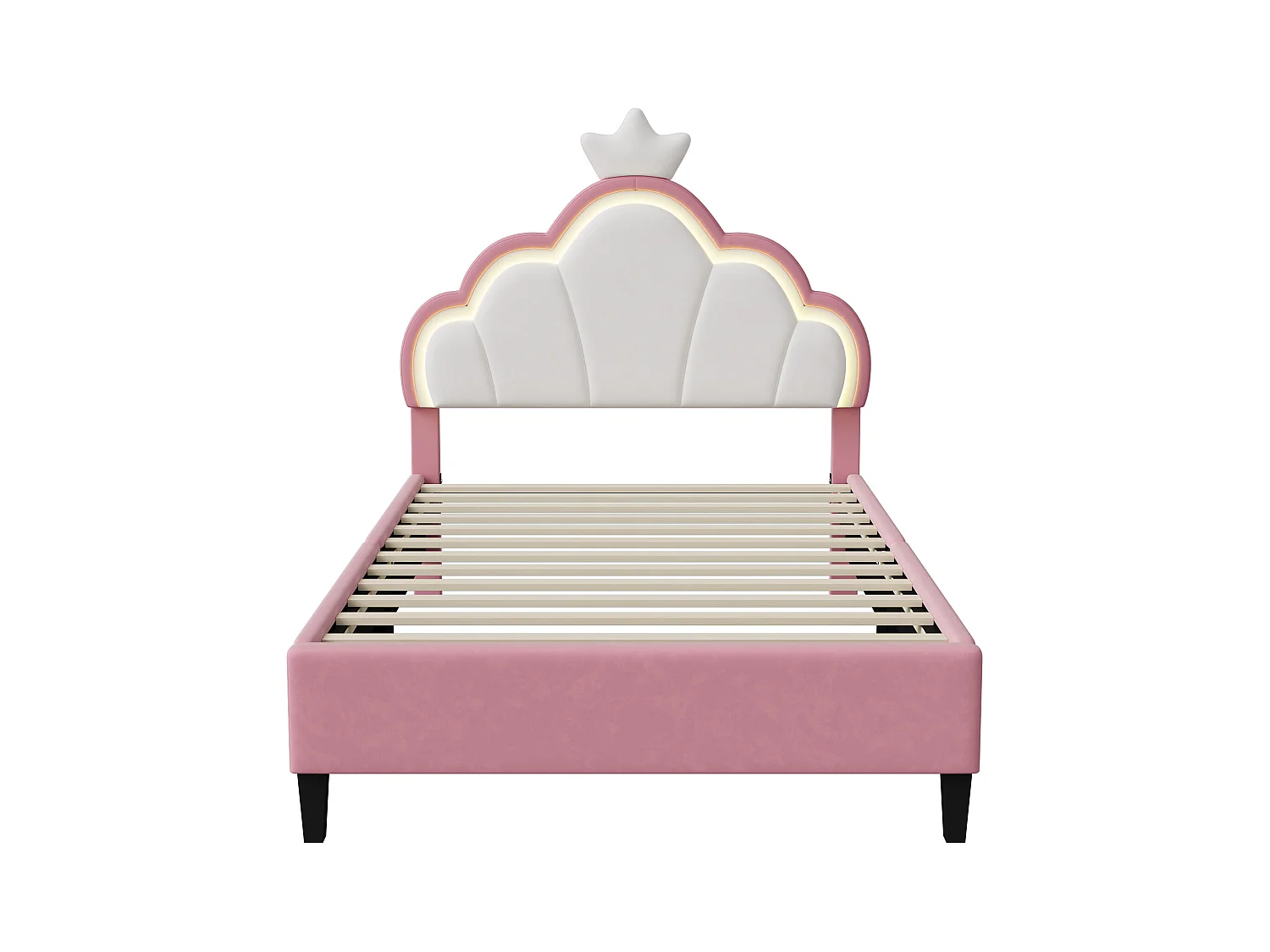 Lit 90x200 cm avec sommier à lattes - lit enfant 90x200 cm - lit 1 place 90 x200 cm - lit fille 90x200 cm avec LED - lit 90x200 cm tissu en velours - blanc et rose