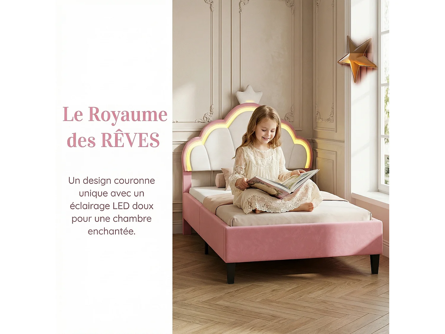 Lit fille 90x200 cm en velours blanc et rose - Lit enfant une place avec sommier à lattes et éclairage LED intégré