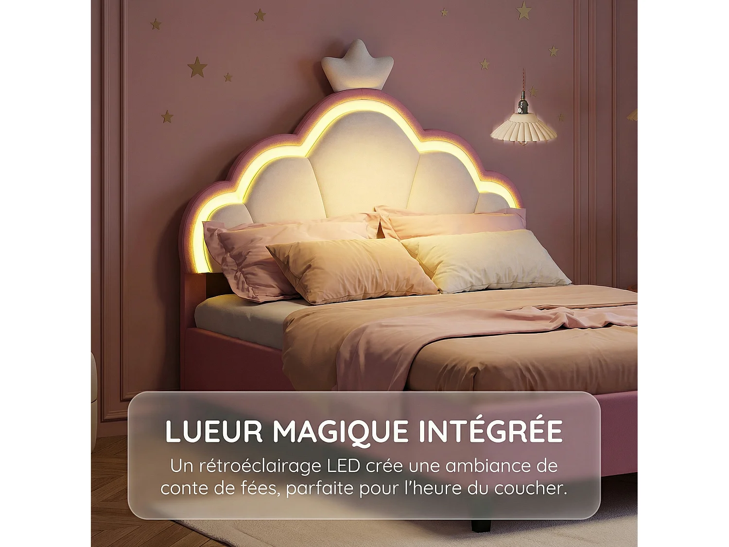 Lit fille 90x200 cm en velours blanc et rose - Lit enfant une place avec sommier à lattes et éclairage LED intégré