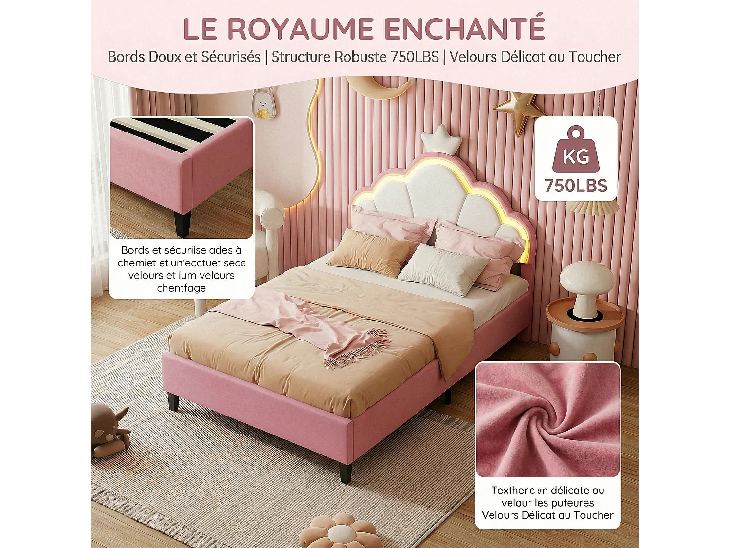Lit fille 90x200 cm en velours blanc et rose - Lit enfant une place avec sommier à lattes et éclairage LED intégré