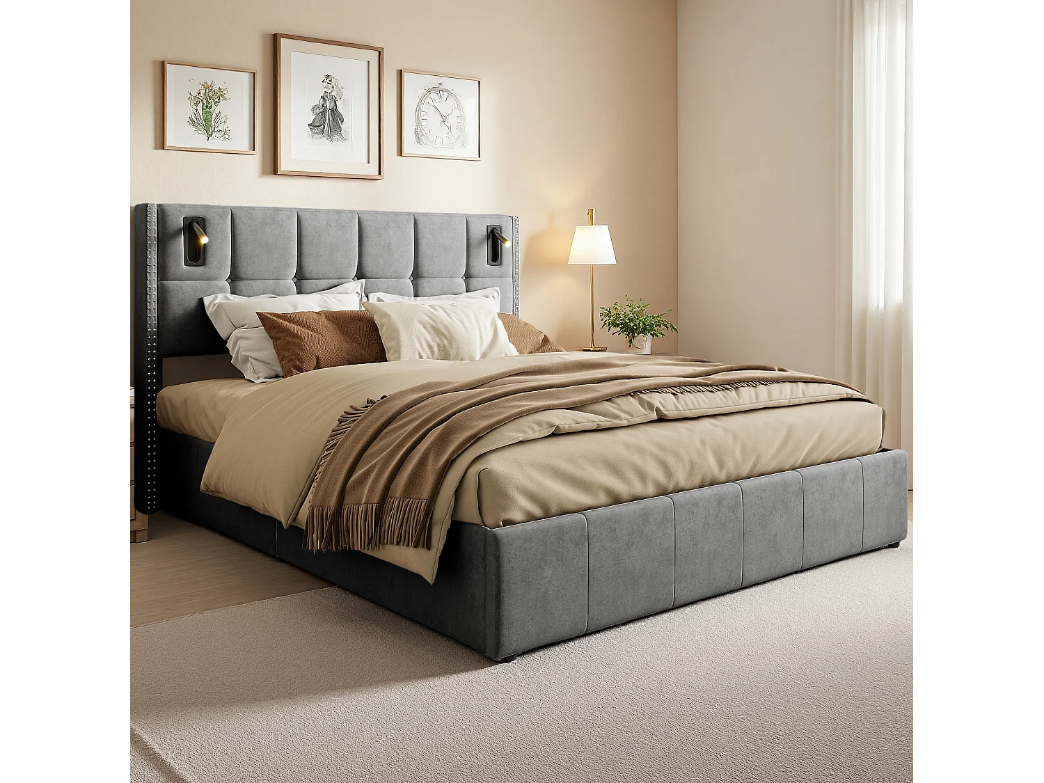 Lit coffre 140x200 cm avec sommier à lattes - lit adulte 140x200 cm avec LED et USB - lit double 140x200 rangement soldes - tissu en velours - gris