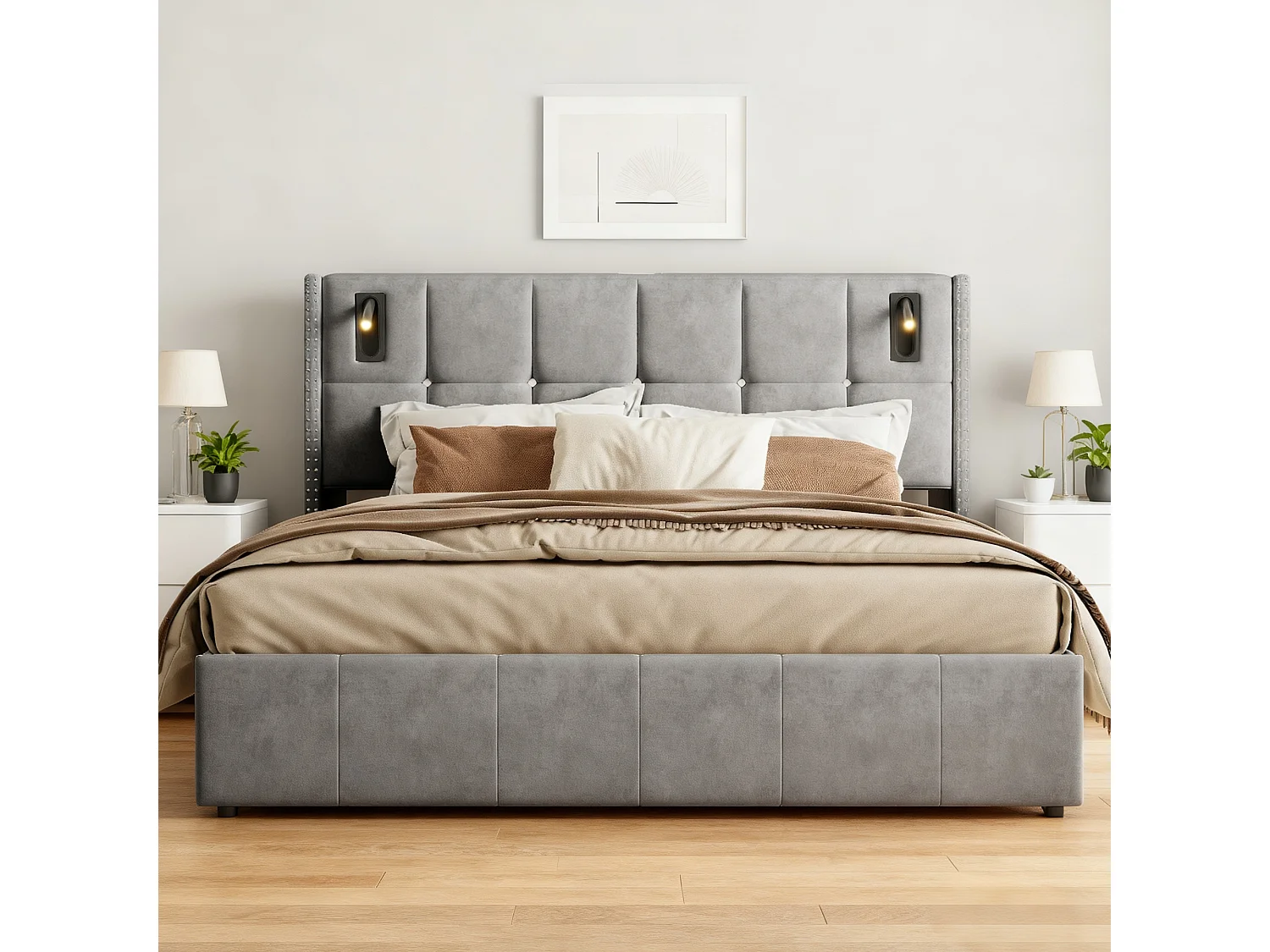 Lit coffre 140x200 cm avec sommier à lattes - lit adulte 140x200 cm avec LED et USB - lit double 140x200 rangement soldes - tissu en velours - gris