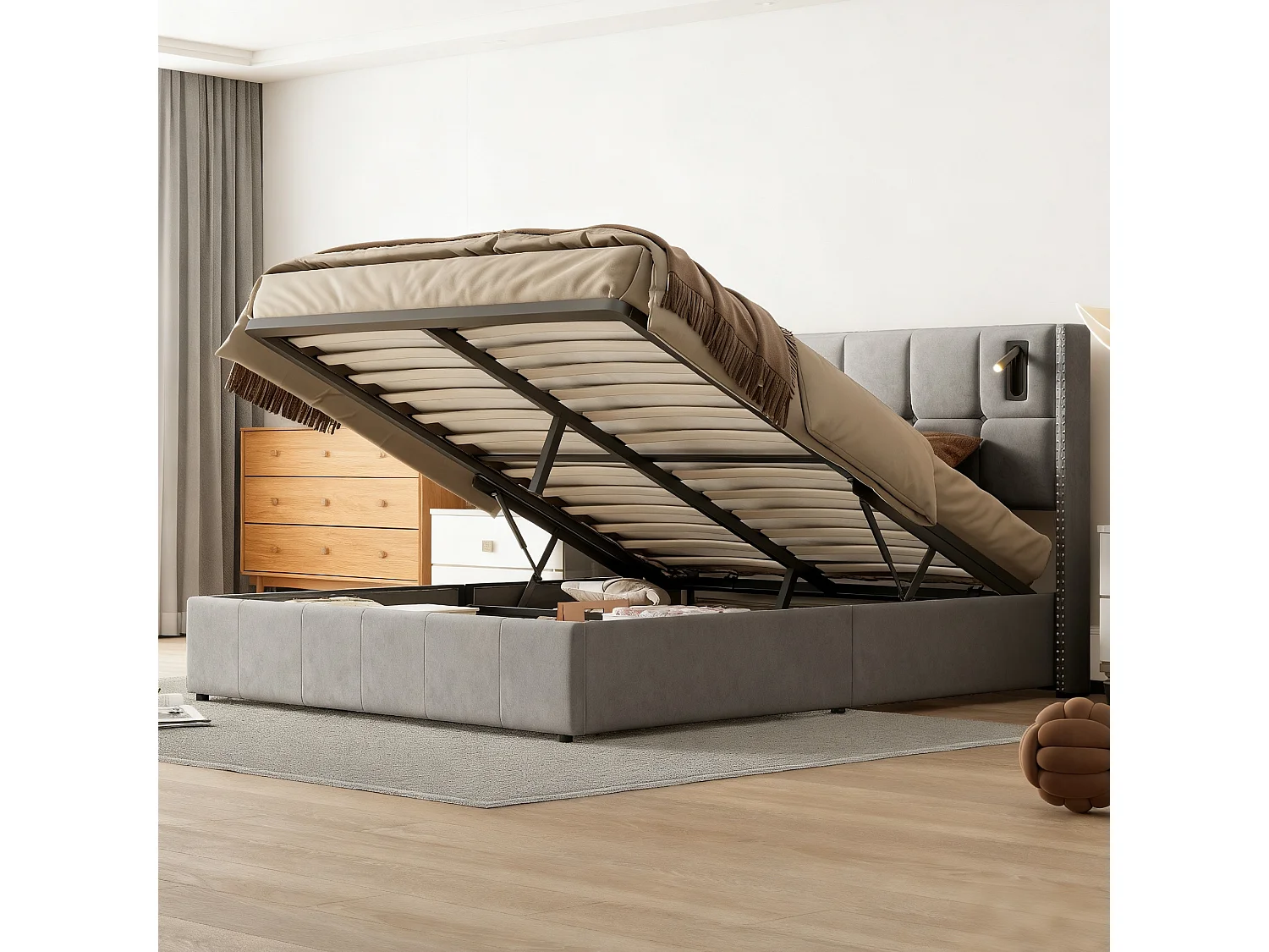 Lit coffre 140x200 cm avec sommier à lattes - lit adulte 140x200 cm avec LED et USB - lit double 140x200 rangement soldes - tissu en velours - gris