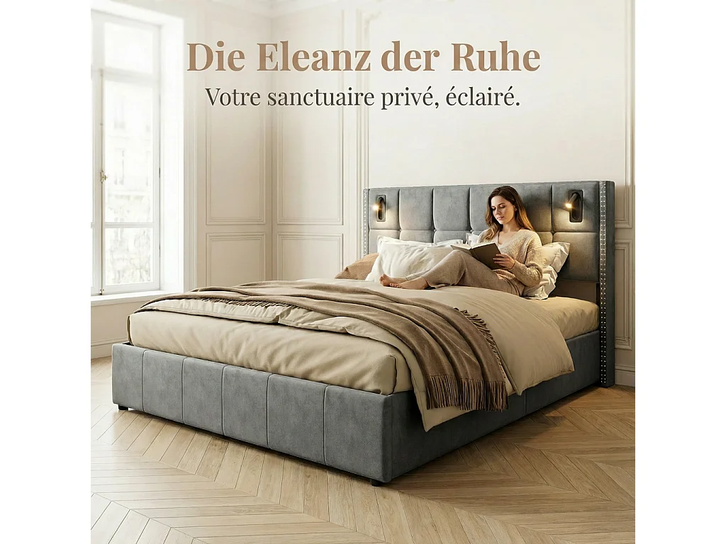 Opberg Bed van 140x200 cm met lattenbodem - 140x200 cm volwassenen bed met led- en usb-aansluitingen - opbergbed in de aanbieding - fluwelen stof - grijs